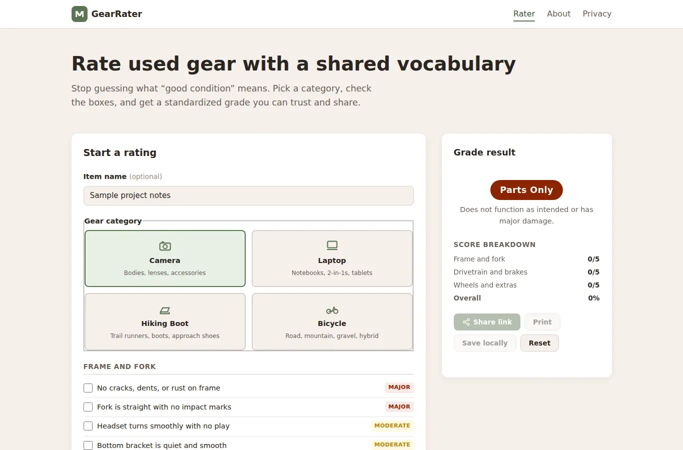 Screenshot of Secondhand Gear Condition Rater interface showing the project page in use